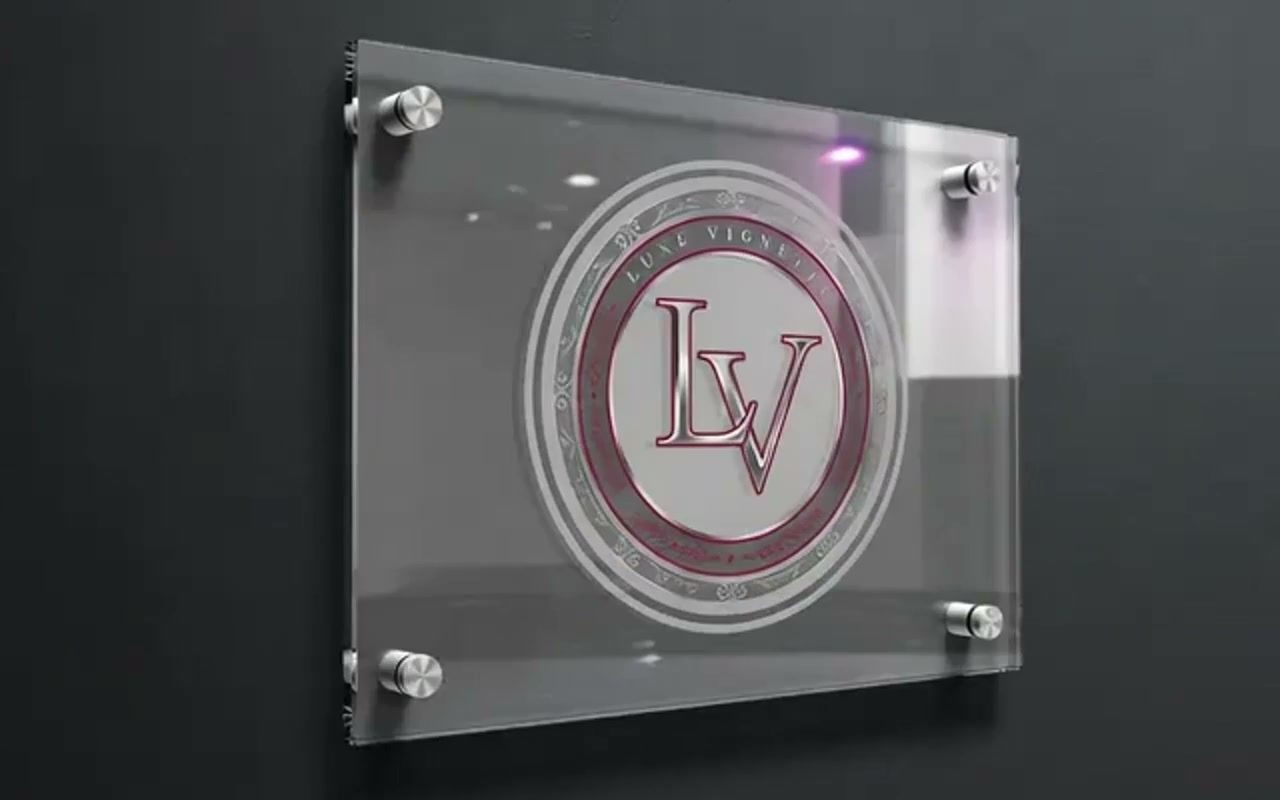 Clear acrylic office sign with standoff mounts on a dark wall