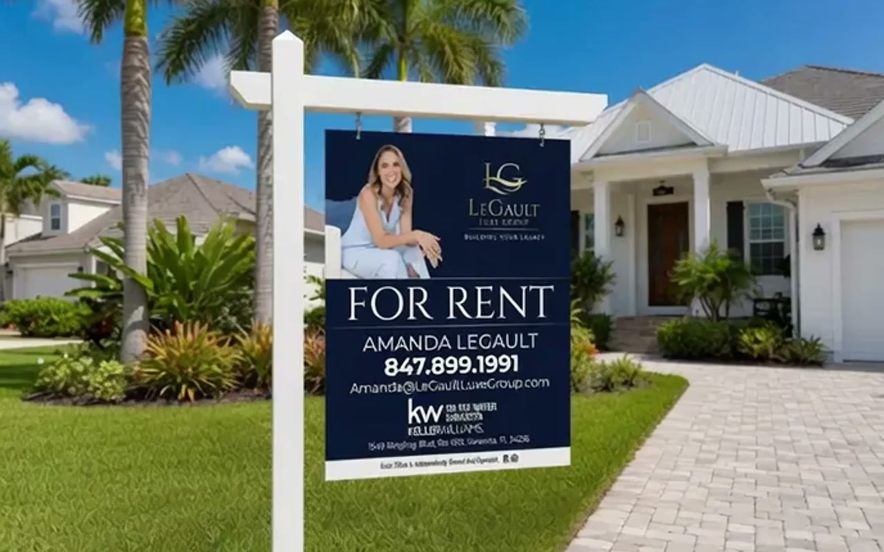 Aluminum composite For Rent arm sign on a white post in a front yard