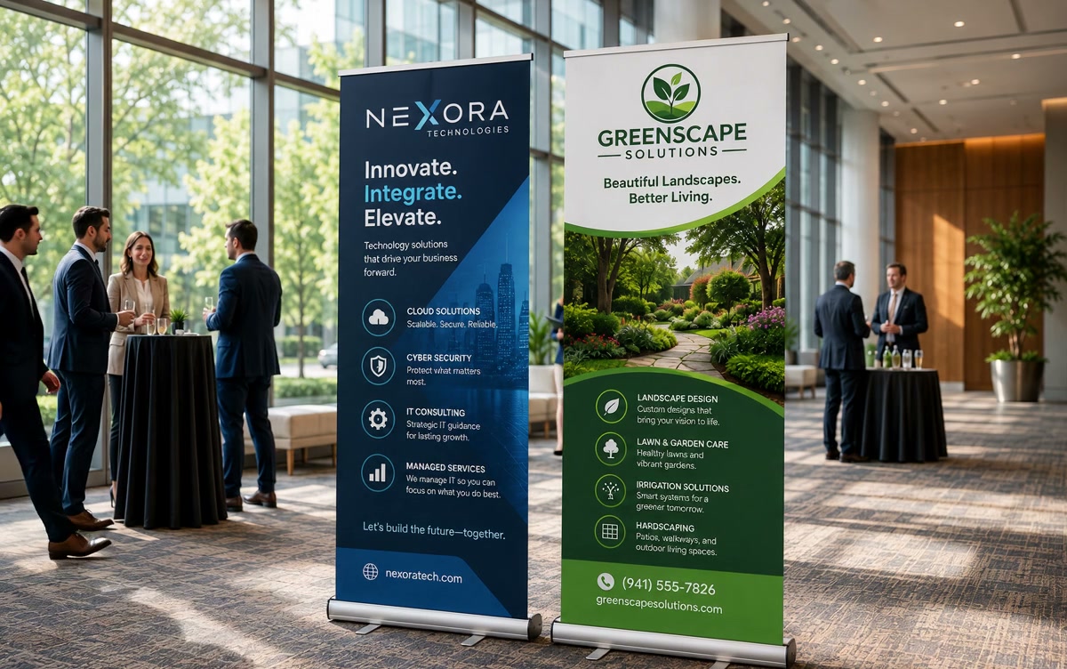 Retractable pull-up banner stand with printed graphic