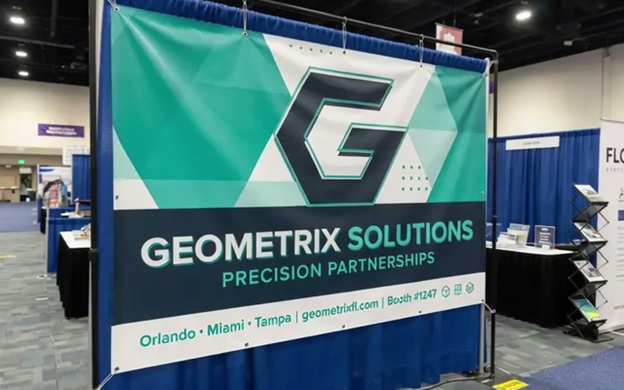 Indoor vinyl banner with grommets at a trade show booth display