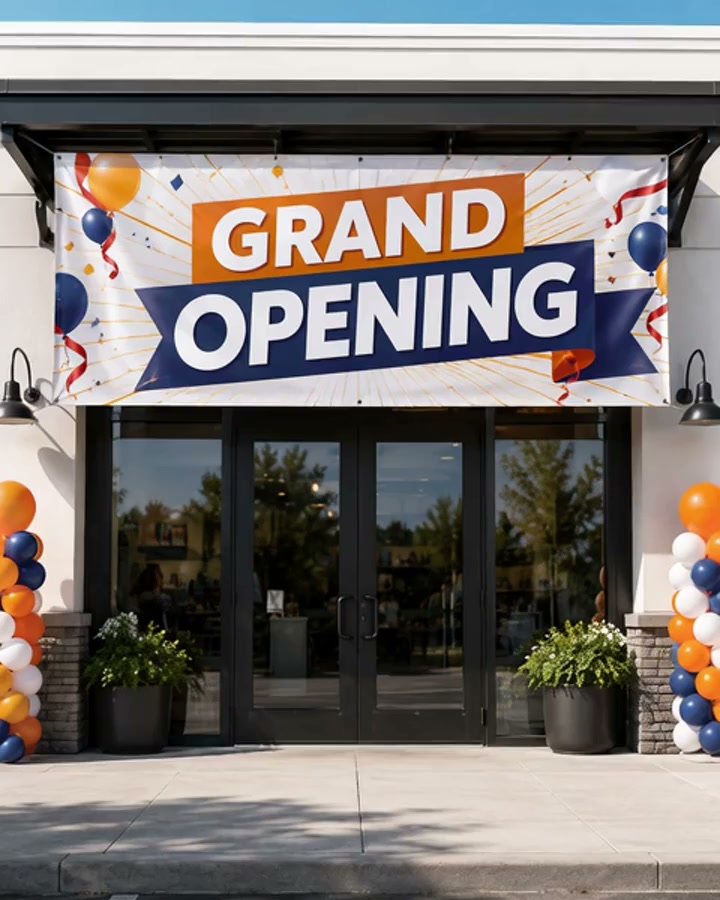 Custom vinyl Grand Opening banner with grommets, displayed over a storefront entrance
