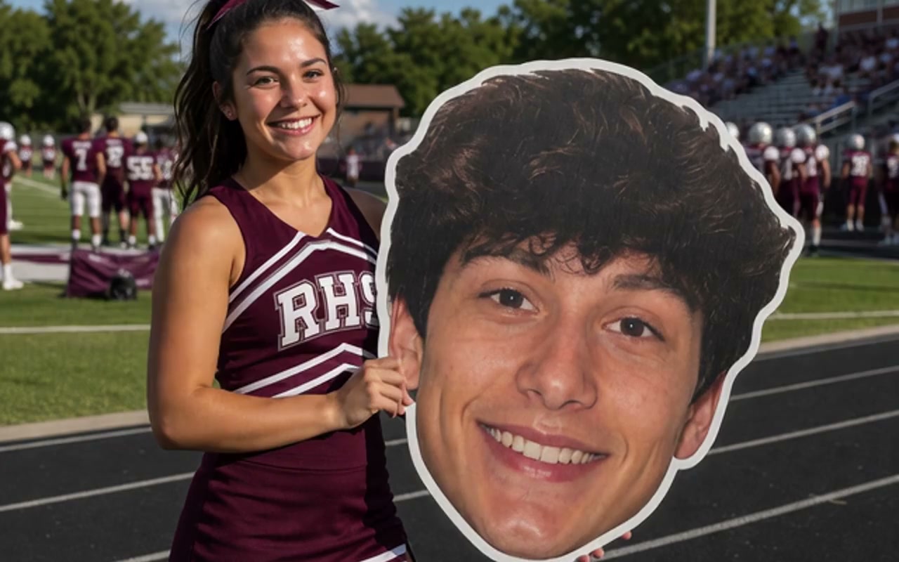 Custom die-cut big head corrugated sign held at a football game