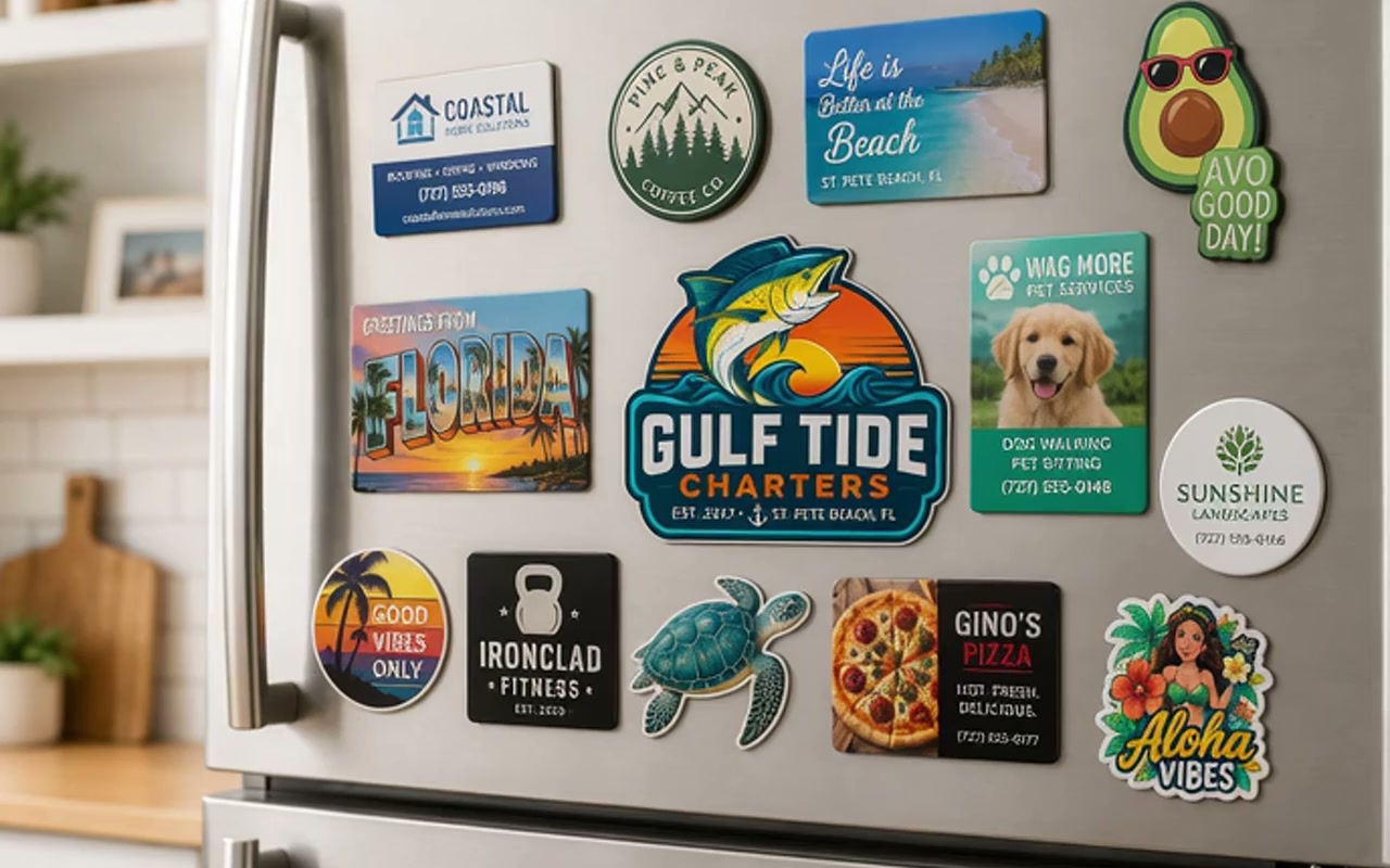 Assorted custom magnets on a stainless steel refrigerator