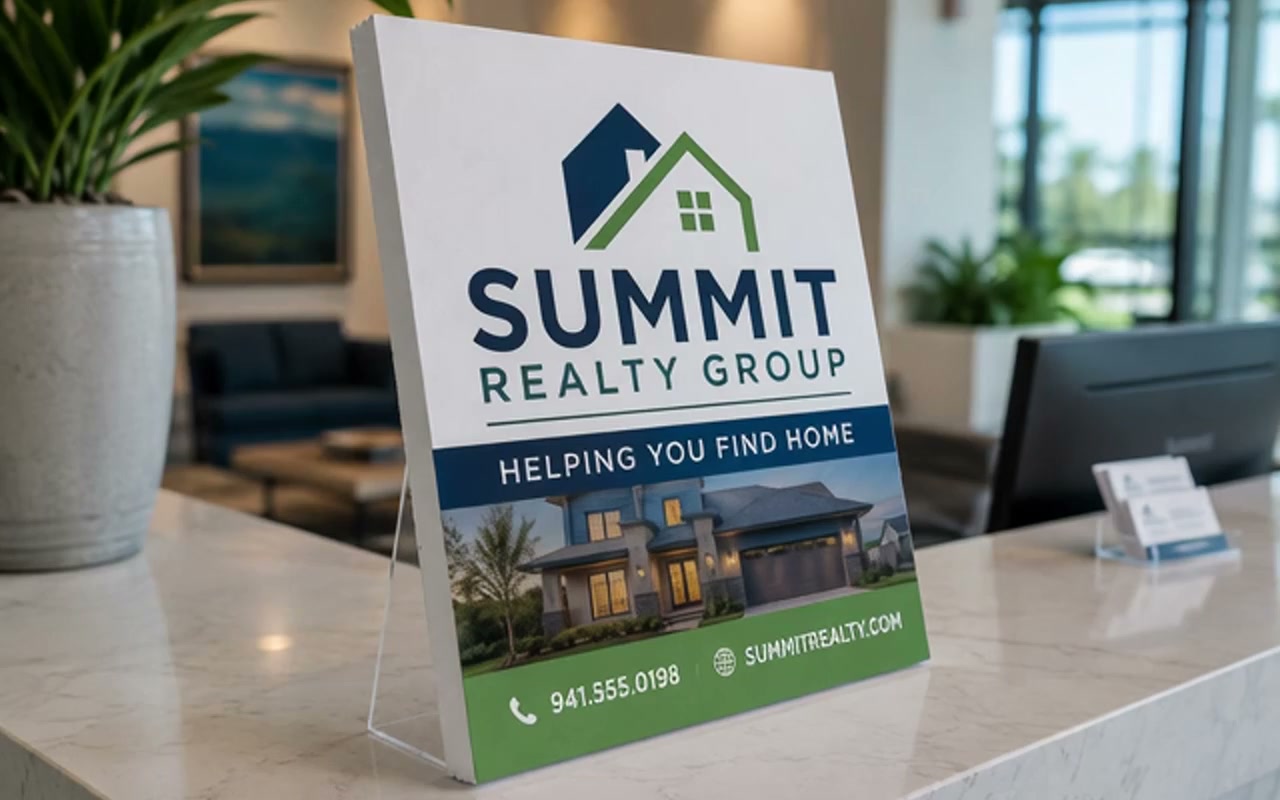 Foam board real estate sign on a reception desk in a clear acrylic stand