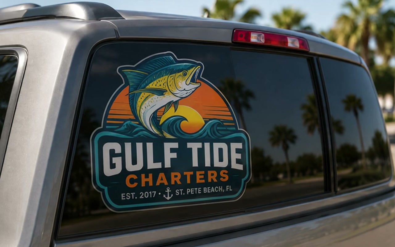 Laminated contour-cut vehicle decal on a truck rear window