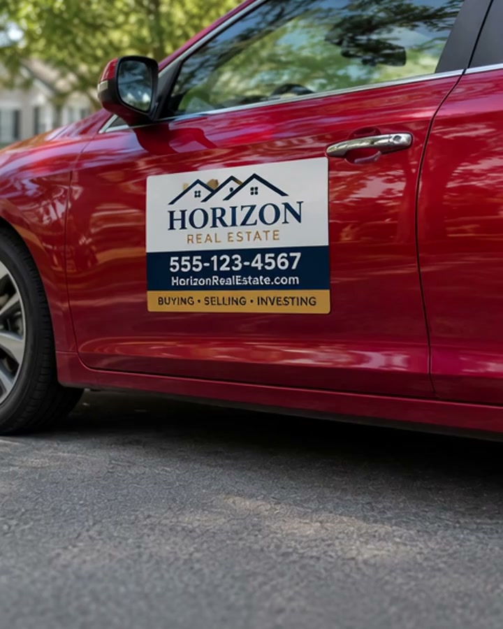 Custom magnetic real estate sign on a vehicle door