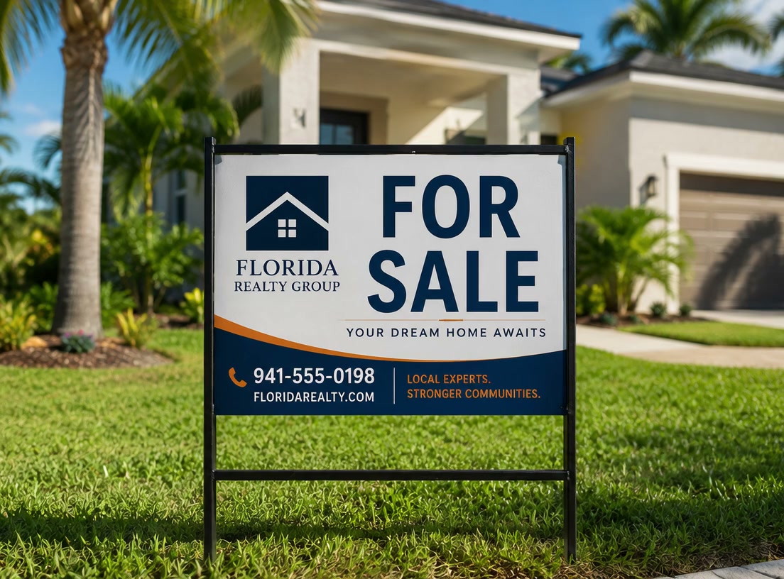 For Sale metal ACM yard sign in a black dual-post frame on a front lawn