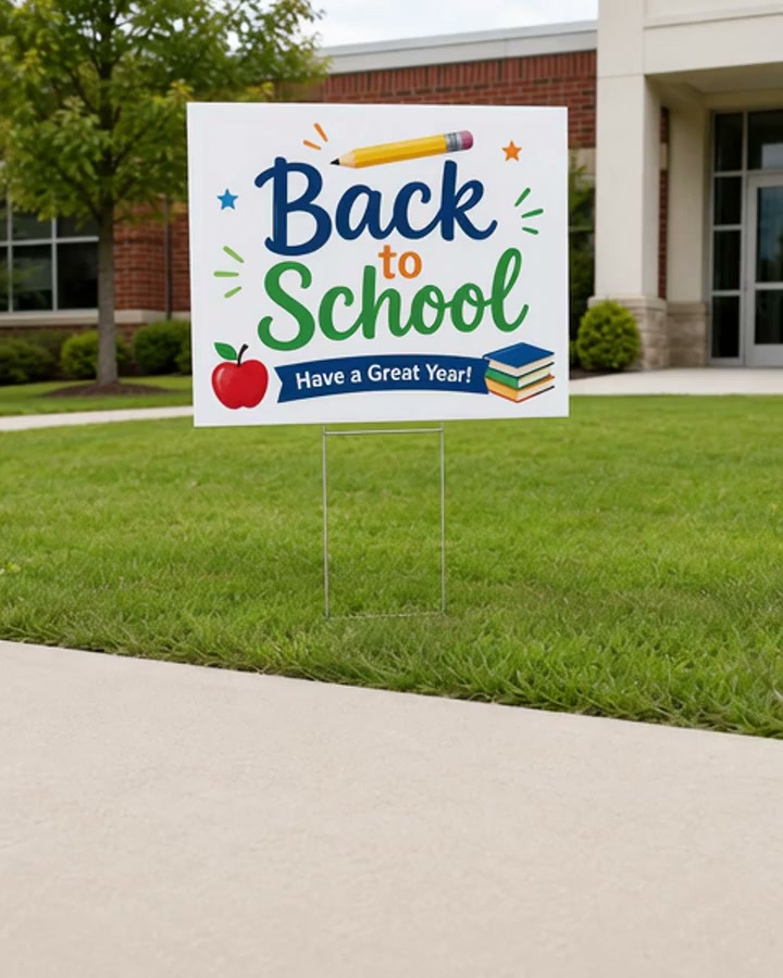 Custom corrugated yard sign on an H-stake in grass