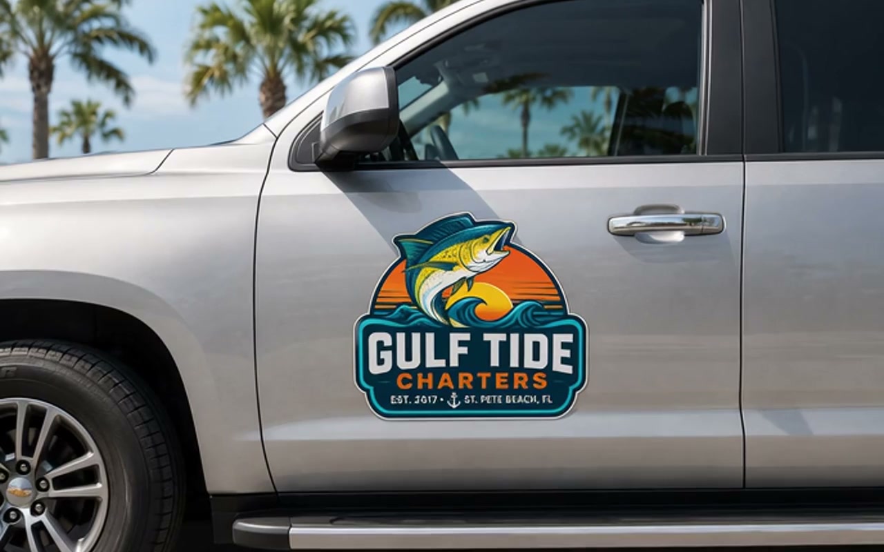 Custom die-cut vehicle magnet on a pickup truck door